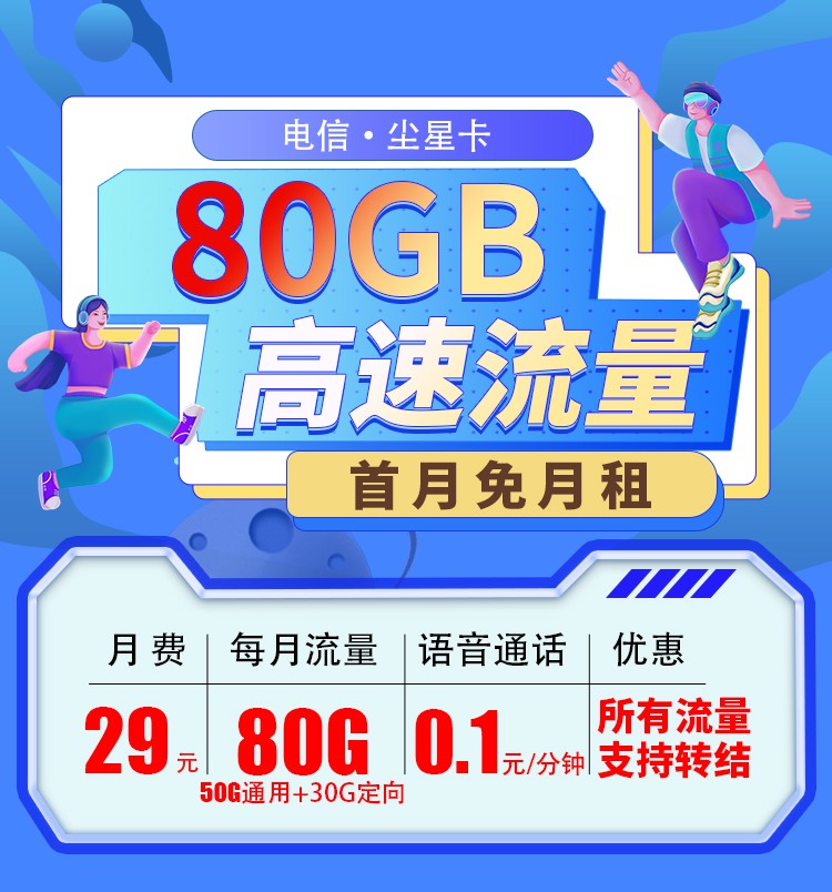 电信尘星卡29元80G全国流量【20年长期套餐流量可结转】